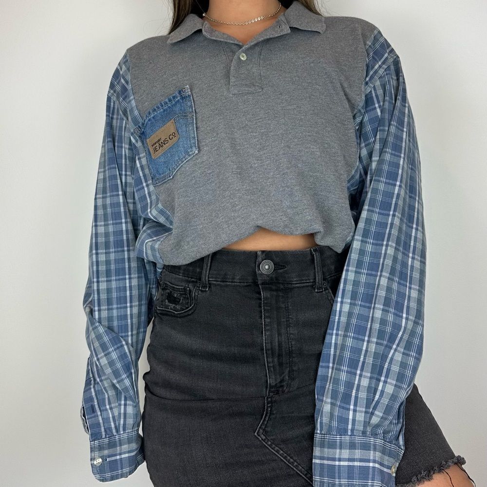 Wrangler Western Reworked Upcycled Long Sleeve Cowgirl Flannel Blue Plaid Shirt